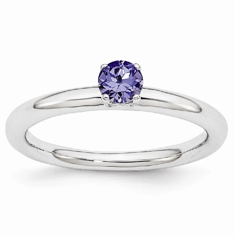 Rhodium Plated Sterling Silver Stackable 4mm Created Sapphire Ring