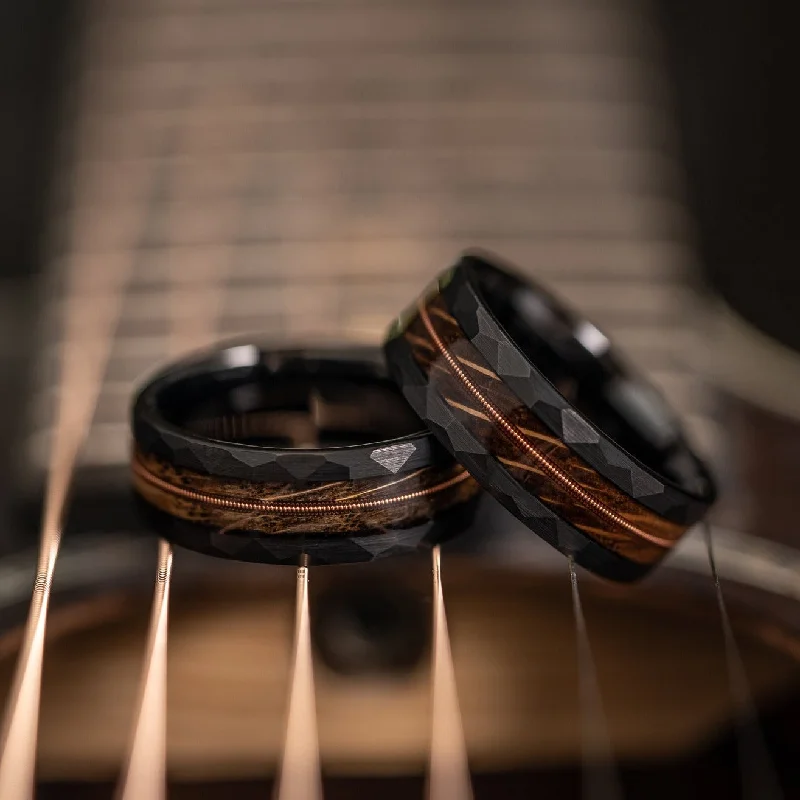 "Rhythm & Whiskey"  Whiskey Barrel Wood x Guitar String Ring- black Hammered Tungsten