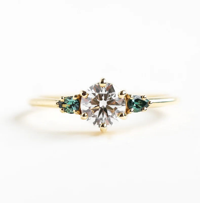 Round Three Stone Diamond Ring With Teal Pear Sapphires