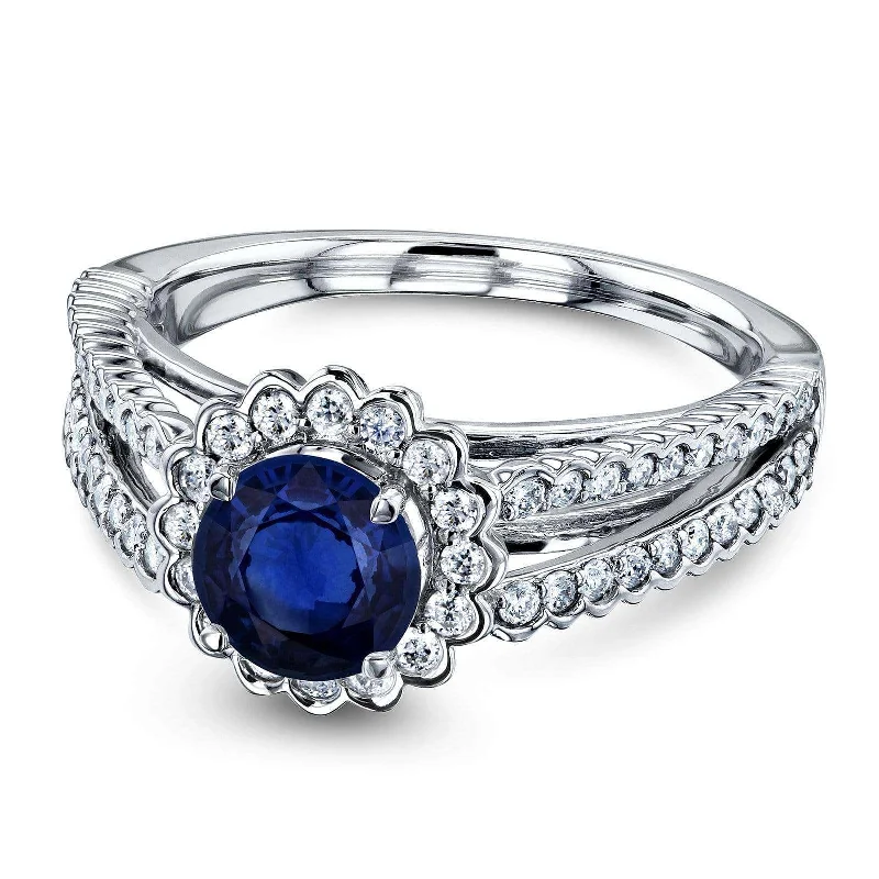 Sapphire and Diamond Split Shank Halo Engagement Ring