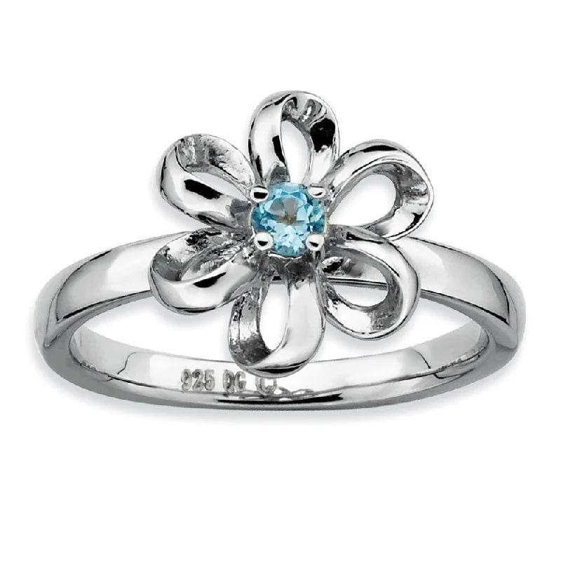 Silver Stackable 12mm 1/10 Carat Blue Topaz Flower Ring