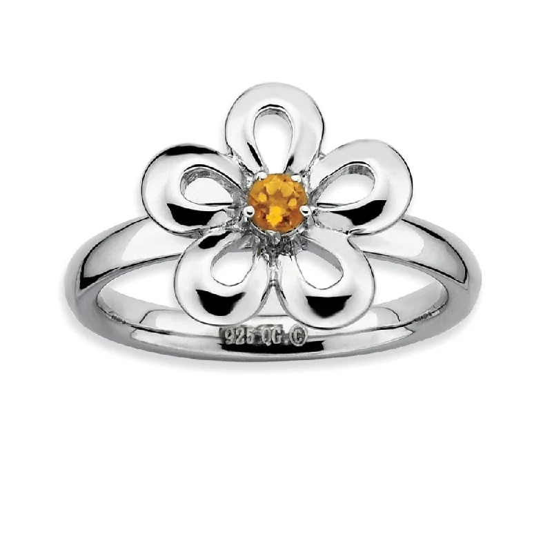 Silver Stackable 13mm 1/10 Carat Citrine Flower Ring