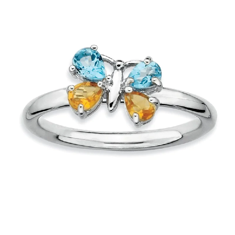 Silver Stackable Blue Topaz and Citrine Gemstone Butterfly Ring