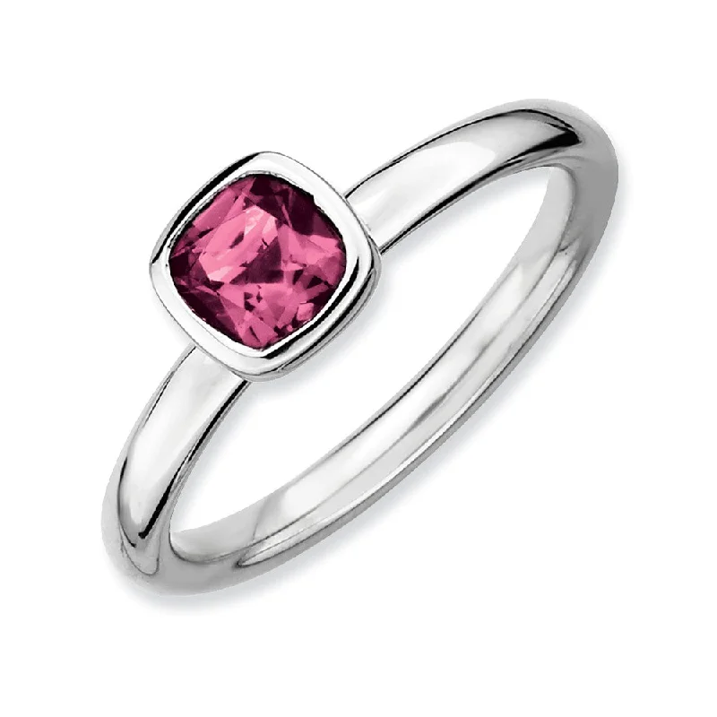 Silver Stackable Cushion Cut Pink Tourmaline Solitaire Ring