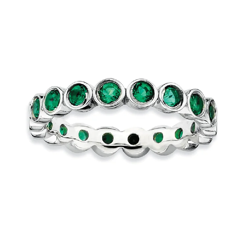 Sterling Silver Stackable Bezel Set Created Emerald 3.5mm Band