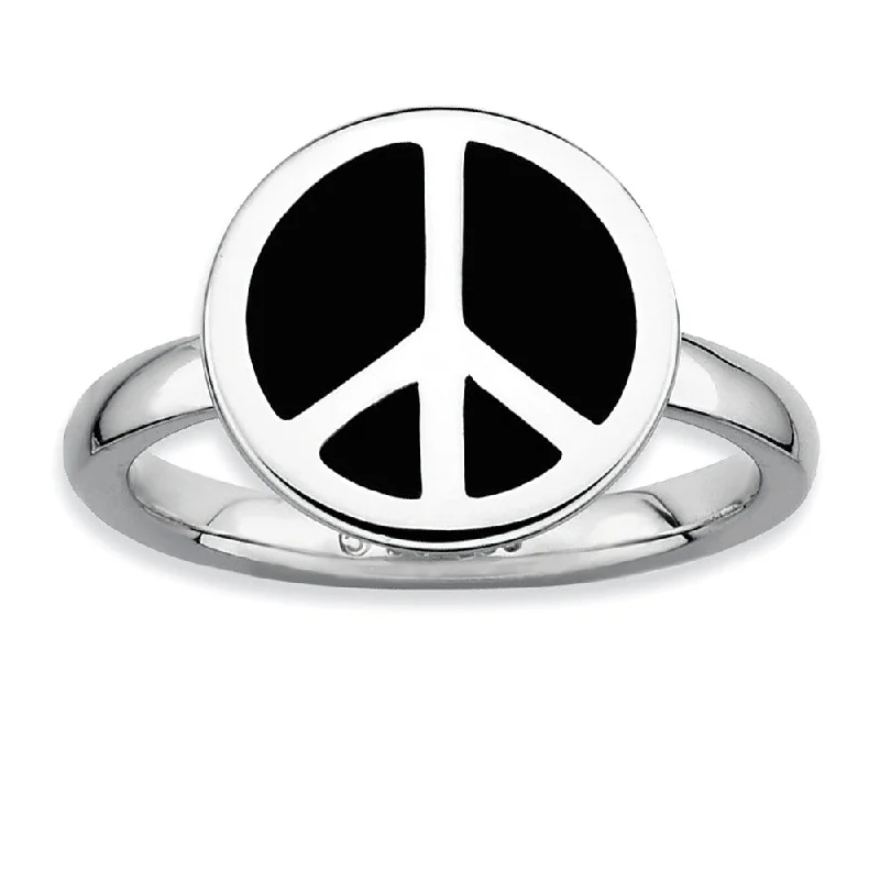 Sterling Silver Stackable Black Enameled Peace Sign Ring