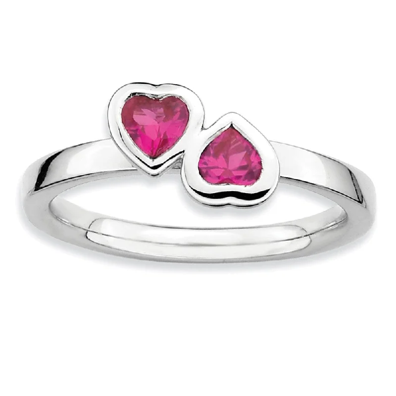 Sterling Silver Stackable Double Heart Created Ruby Ring