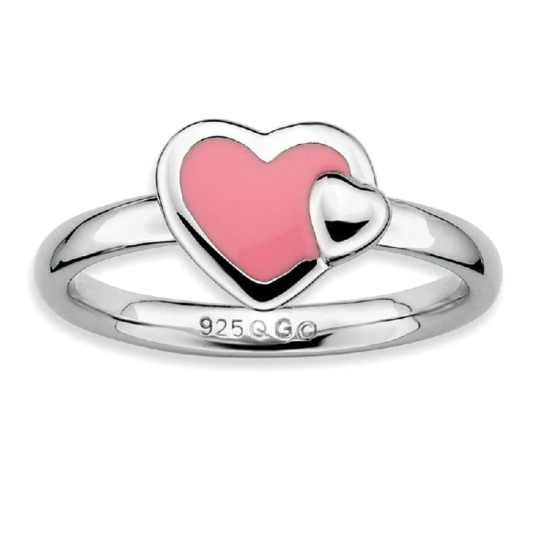 Sterling Silver Stackable Pink Enameled Heart Ring