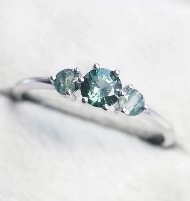 Teal Sapphire & Moss Agate Engagement Ring