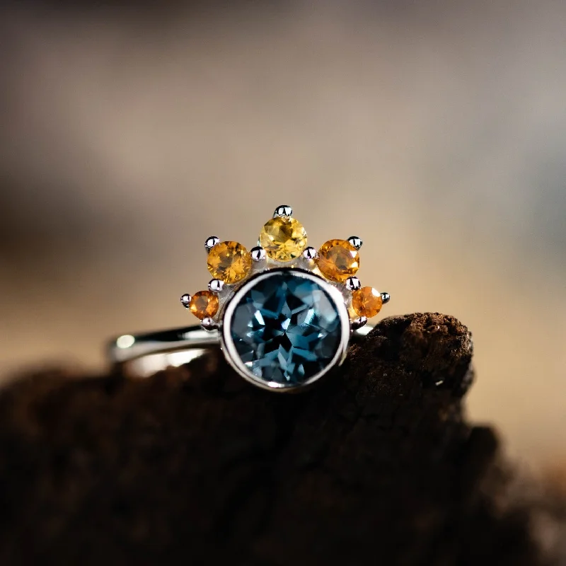 The Cosset - London Blue Topaz Engagement Ring with Citrine Crown Accent & Bezel Setting