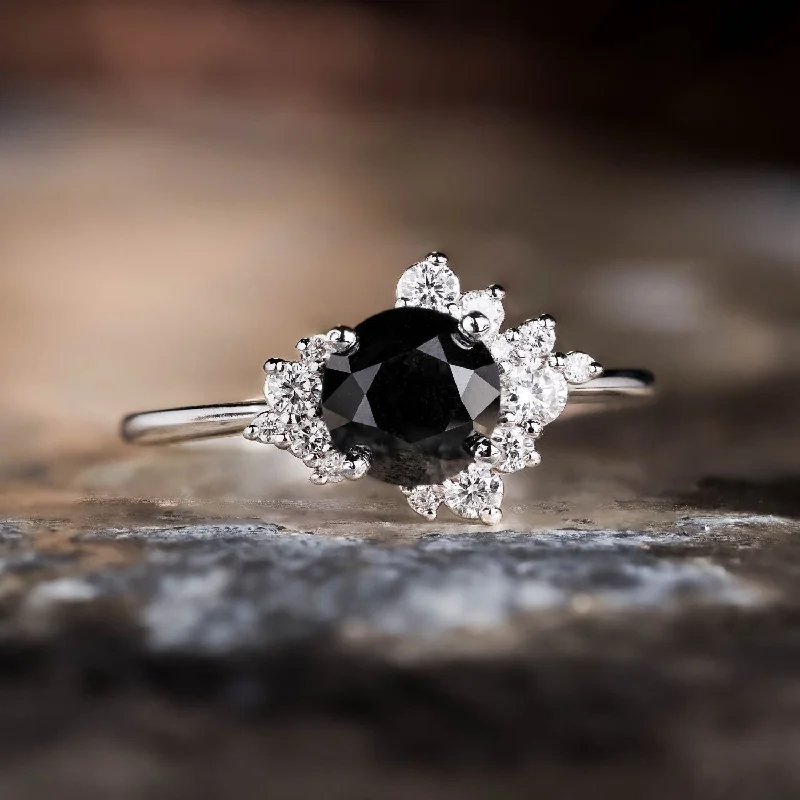 The Nova - Celestial Natural Black Diamond Engagement Ring with Diamond Cluster Accents