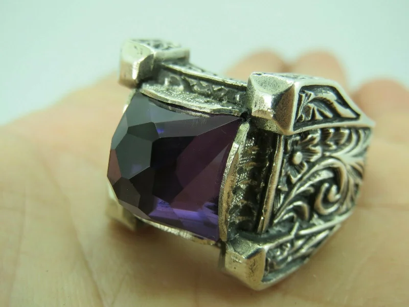 Turkish Handmade Jewelry 925 Sterling Silver Amethyst Stone Engraved Mens Rings