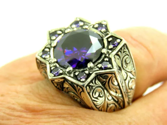 Turkish Handmade Jewelry 925 Sterling Silver Amethyst Stone Men's Rings