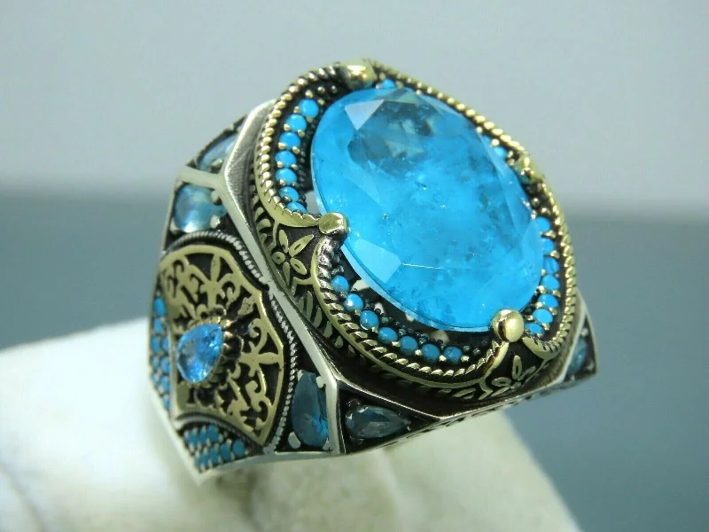 Turkish Handmade Jewelry 925 Sterling Silver Aquamarine Stone Mens Rings