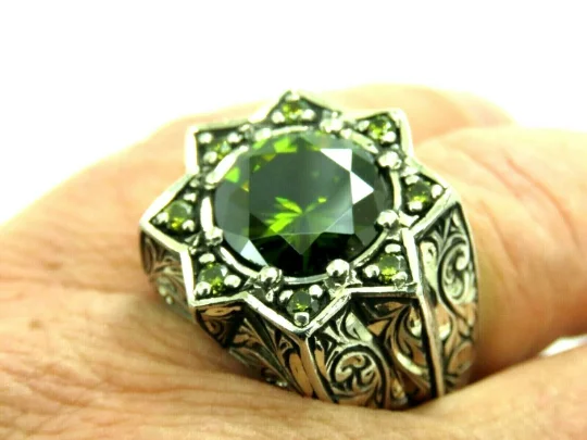 Turkish Handmade Jewelry 925 Sterling Silver Peridot Stone Men's Rings