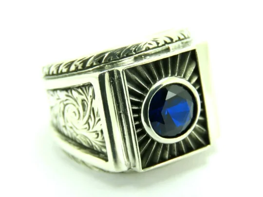 Turkish Handmade Jewelry 925 Sterling Silver Sapphire Stone Men's Rings