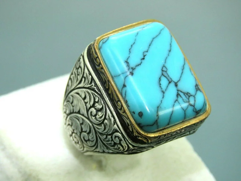 Turkish Handmade Jewelry 925 Sterling Silver Turquoise Stone Engraved Mens Rings