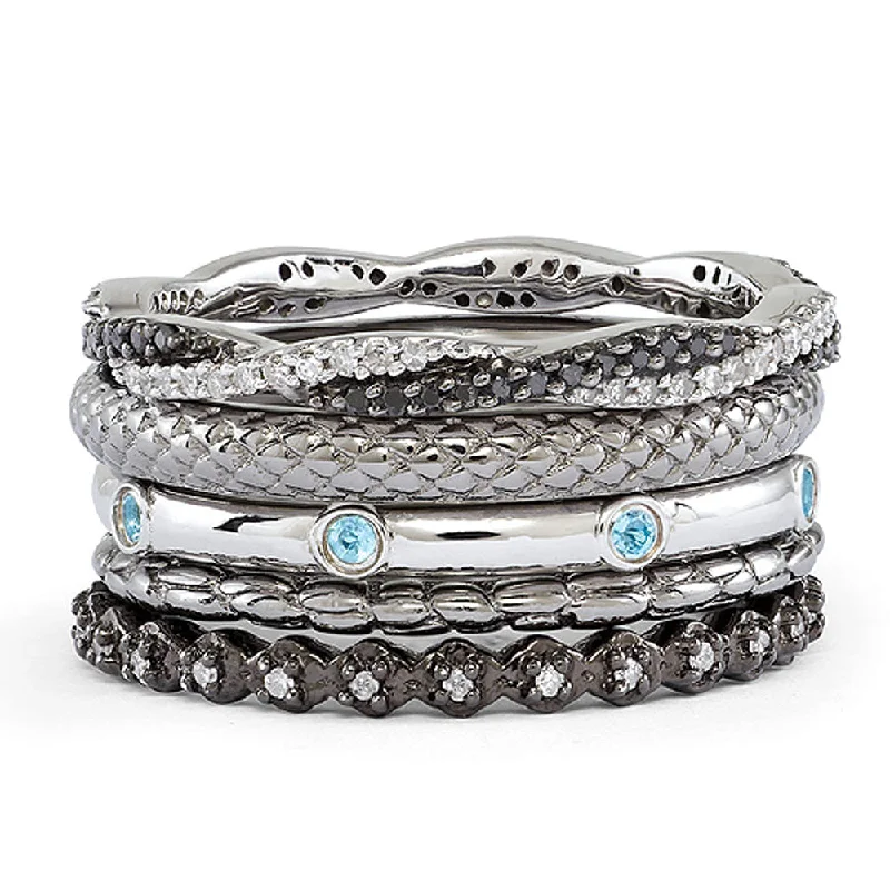 Two Tone Sterling Silver, Diamond & Blue Topaz Band Stackable Ring Set