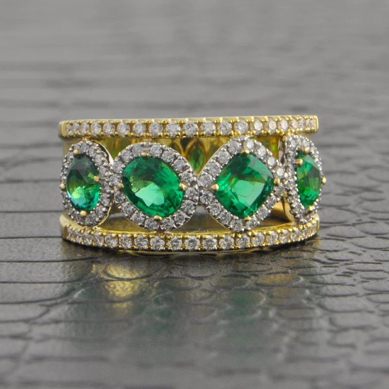 Shine Without Limits – Jewelry Sale Happening Now Wide Emerald and Diamond Band in Yellow Gold