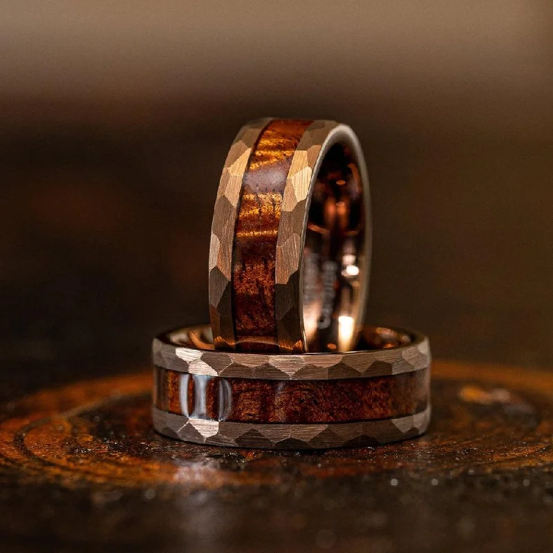 "Zeus" Hammered Tungsten Carbide Ring- Coffee with Hawaiian Koa Wood