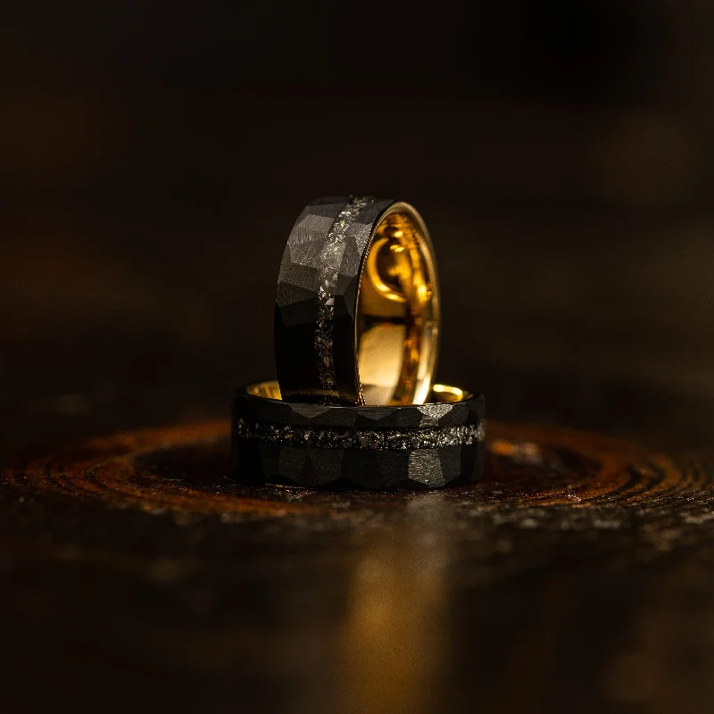 The Perfect Accessory For Less – Jewelry Sale Live "Zeus" Hammered Tungsten Carbide Ring- Black/Yellow Gold w/ Meteorite- 8mm