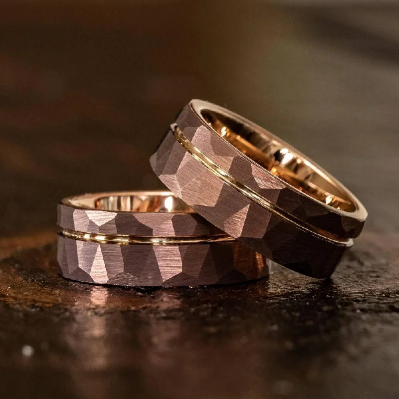 "Zeus" Hammered Tungsten Carbide Ring- Coffee with Rose Gold