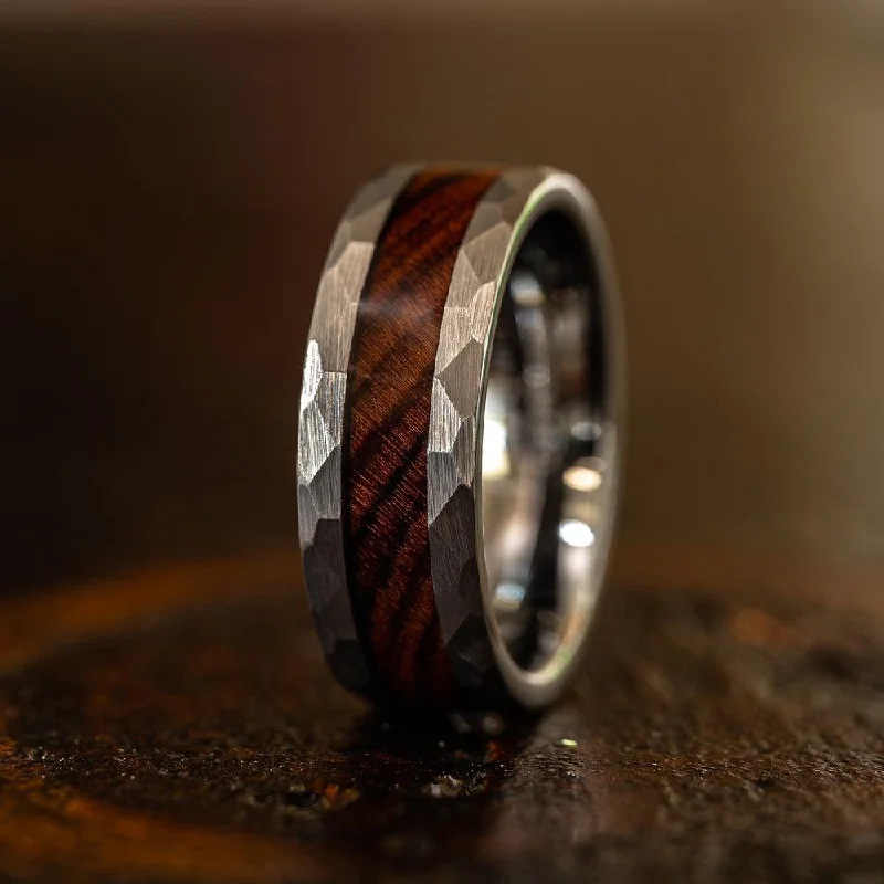 Premium Diamond Jewelry For Unforgettable Moments "Zeus" Hammered Tungsten Carbide Ring- Silver with Desert Ironwood