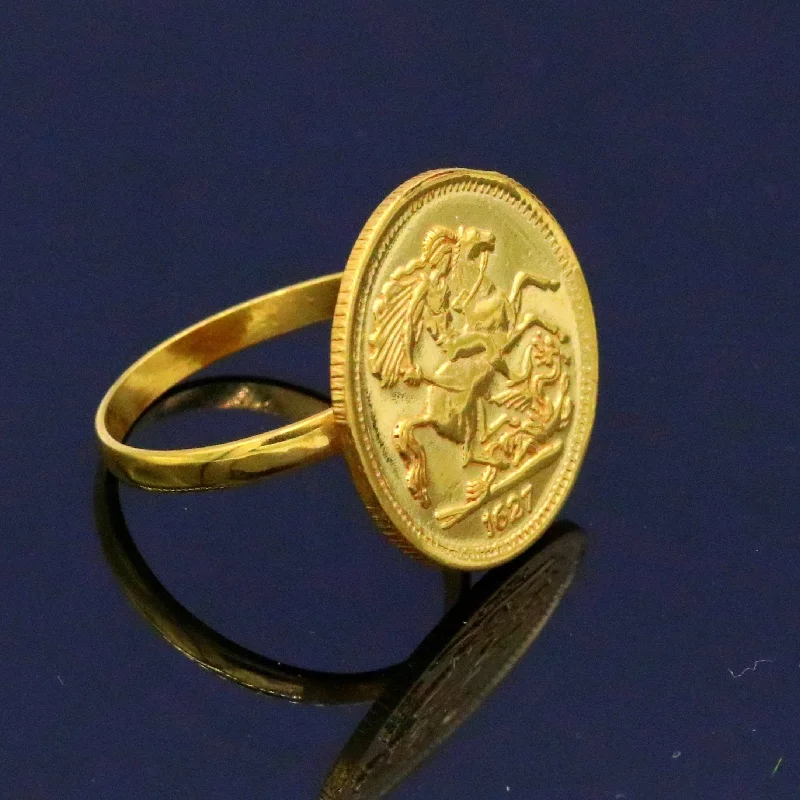 22kt yellow gold handmade ring coin ring with fabulous horse design victorian ring band unisex jewelry from rajasthan india GR004