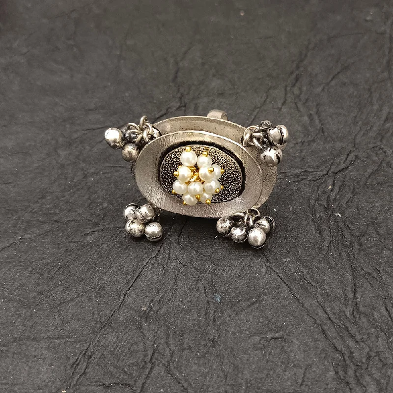 Fashion-Forward Jewelry At Exclusive Discounts Deep Jewell Oxidised Plated Pearls  Adjustable Ring