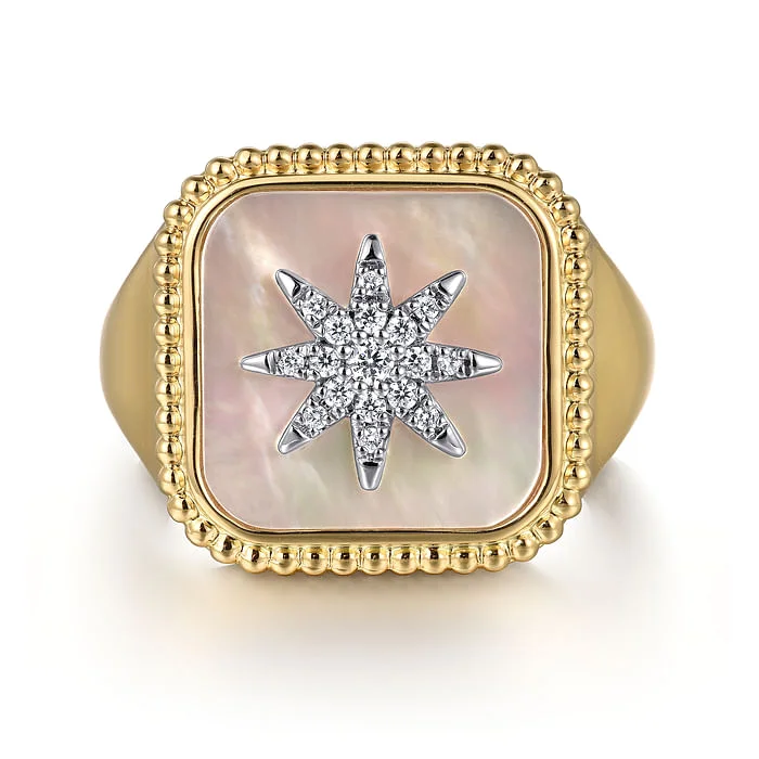 Stunning Jewelry At Even More Stunning Prices Mother of Pearl and Diamond Signet Ring in 14K Yellow Gold