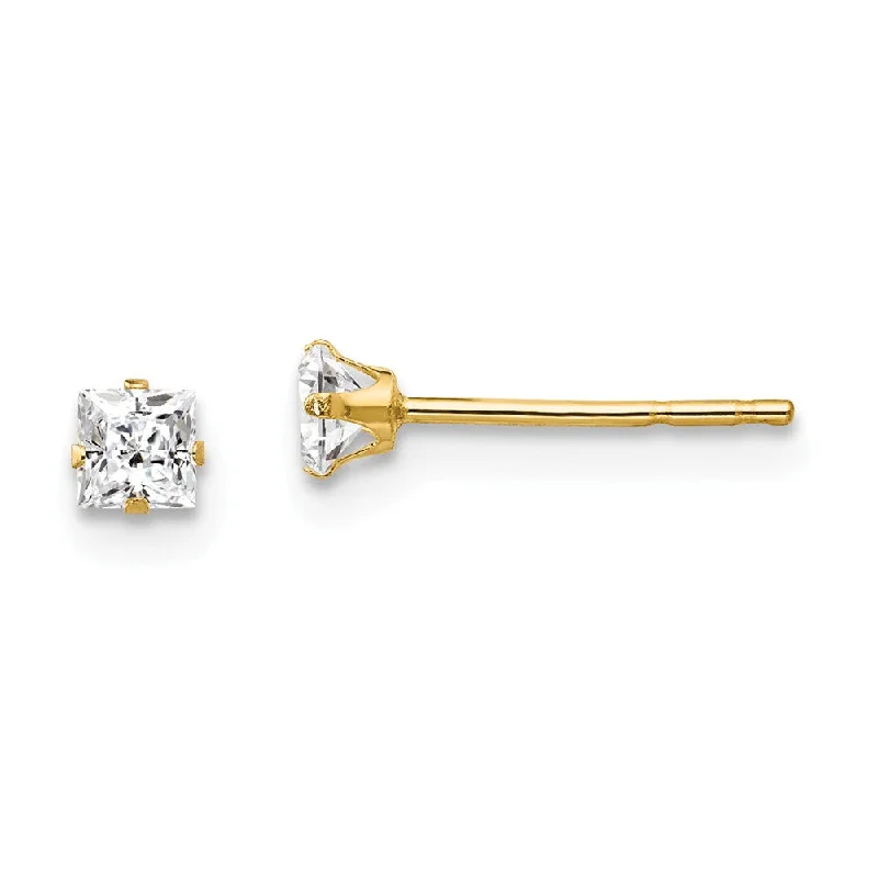 Luxury Handcrafted Jewelry For Elegant Looks 3mm Princess Cubic Zirconia Stud Earrings in 14k Yellow Gold