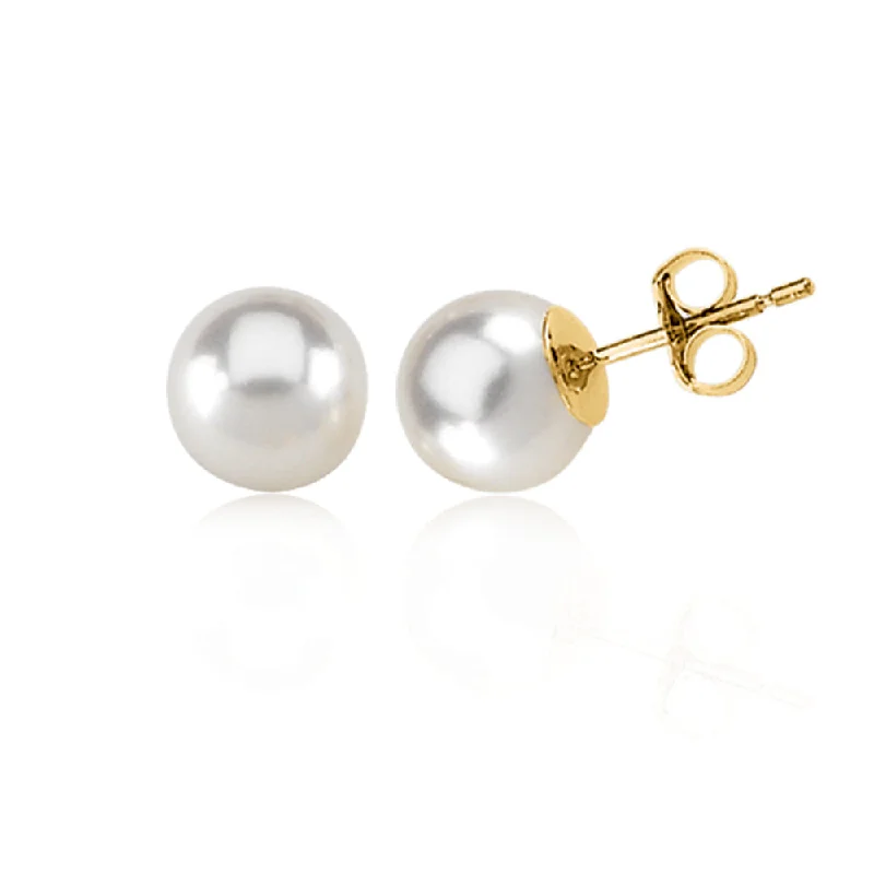 Customized Silver Jewelry For Unique Style 7mm White Akoya Cultured Pearl and 14k Yellow Gold Stud Earrings