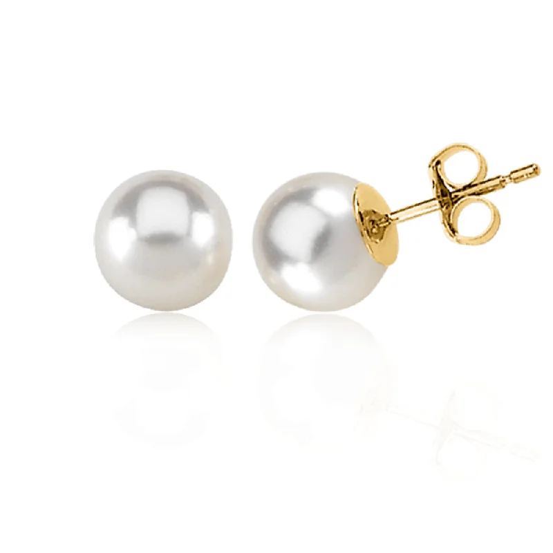 Handmade Pearl Jewelry For Timeless Elegance 8mm White Akoya Cultured Pearl and 14k Yellow Gold Stud Earrings