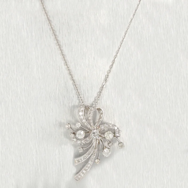 Premium Jewelry Now Available At Special Discounts Antique Art Deco 4 ctw Diamond Ribbon Brooch Pendant - 14k White Gold Necklace