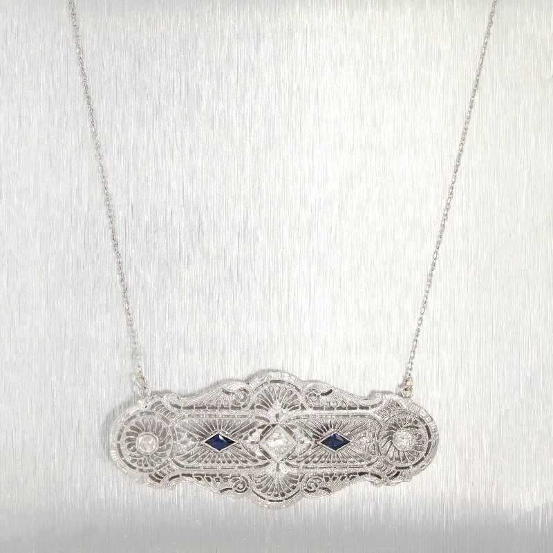 Shop Signature Jewelry Styles At Exclusive Prices Antique Art Deco 0.45ctw Diamond & Sapphire Pendant | 14k White Gold Necklace