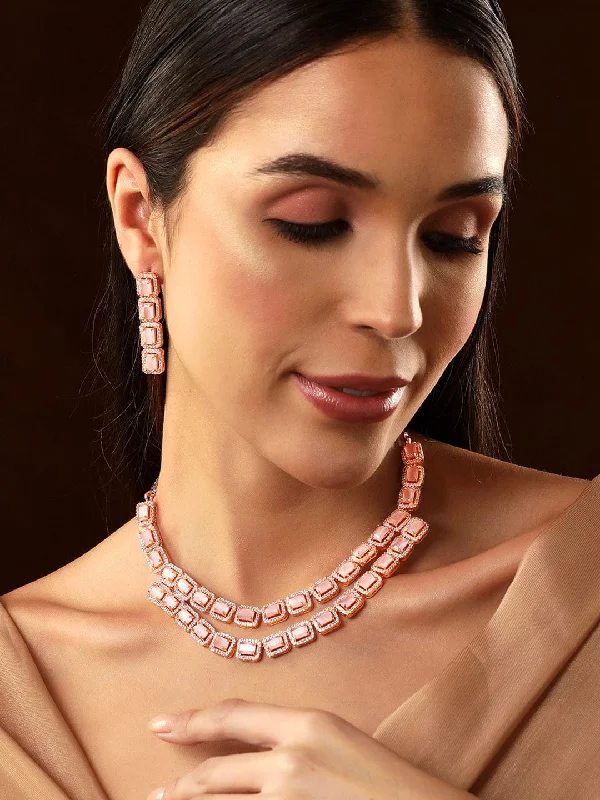 Fashion-Forward Jewelry At Incredible Prices Rubans Rose Gold Pink Gemstone Studded Elegant Necklace Set