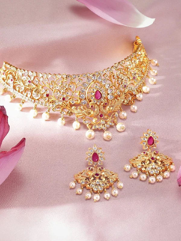 Elegant Rose Gold Jewelry For A Stylish Touch Rubans 22K Gold Plated Handcrafted Ruby Stone Choker Set