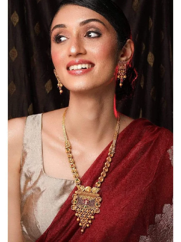 Delicate Crystal Jewelry For Sophisticated Charm Rubans 24K Gold Plated Handcrafted Filigree Ruby Studded Necklace Set