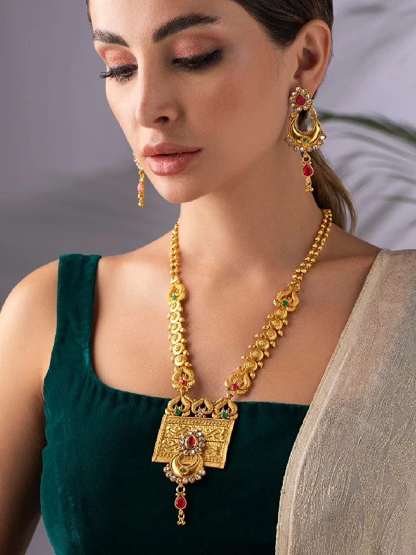 Versatile Layering Jewelry For Effortless Chic Rubans 24K Gold Plated Handcrafted Filigree Ruby Studded Necklace Set