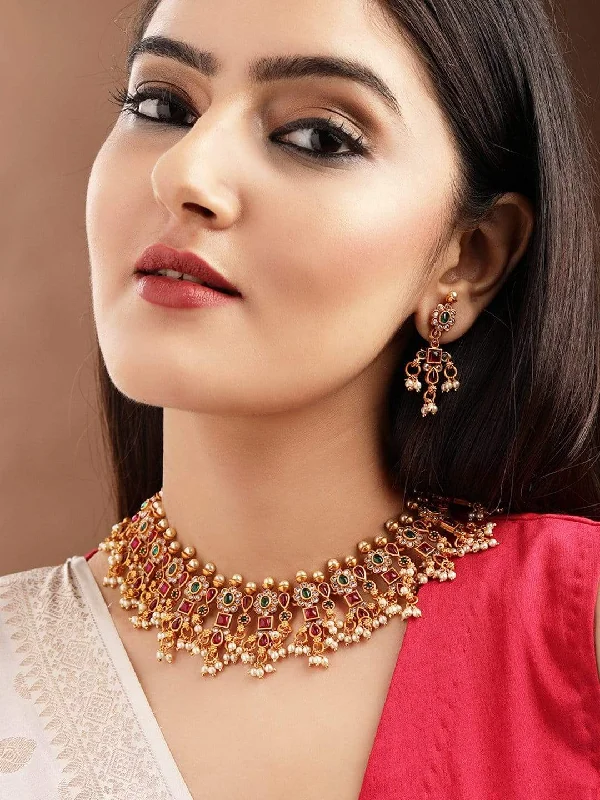 Timeless Elegance Now At Special Discounts Rubans 24K Gold Plated Handcrafted Ruby Stone Temple Necklace Set