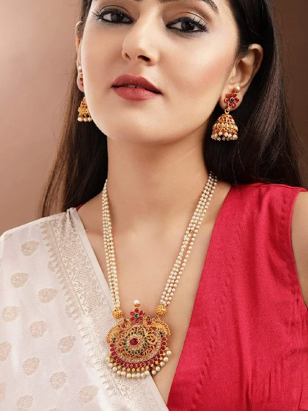 Trending Jewelry Now At Unbeatable Prices Rubans 24K Gold Plated Handcrafted Ruby Stone Temple Necklace Set