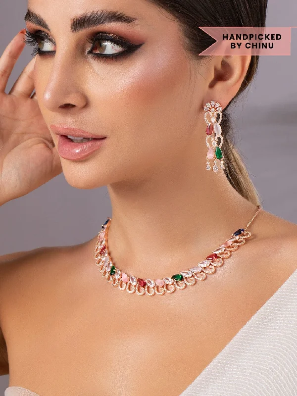 Sparkle For Less – Shop Jewelry Deals Now Rubans 24K Rose gold plated Diamonds and multi coloured stone studded Necklace set