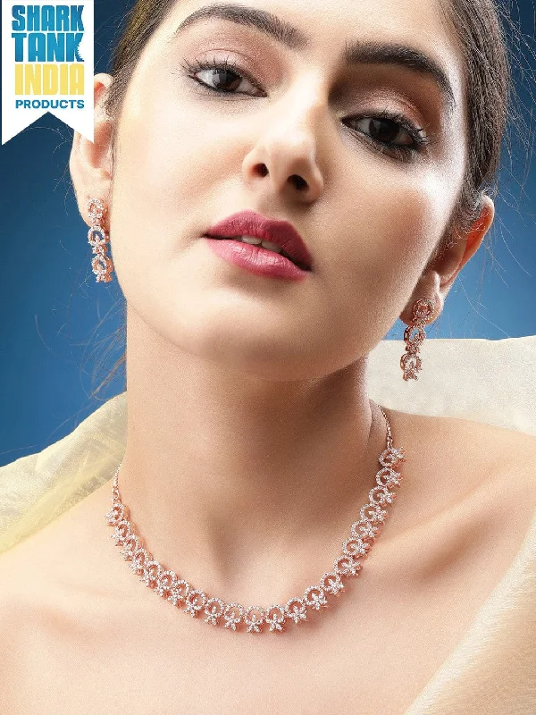 Buy More, Save More On Stunning Jewelry Designs Rubans Contemporary Rose Gold Toned Necklace Set in CZ Stone