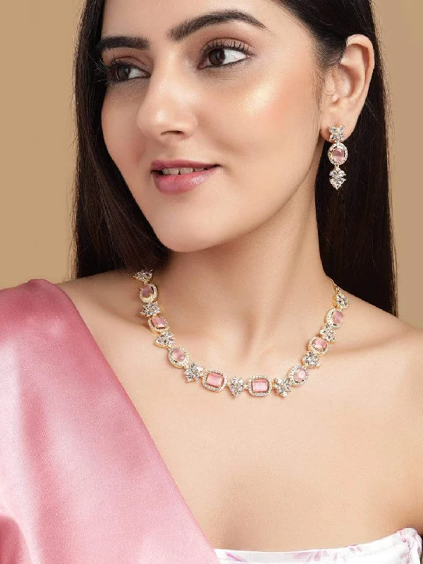 Elegant Rose Gold Jewelry For A Stylish Touch Rubans Gold Plated Contemporary Necklace Set With CZ And Pink Stones