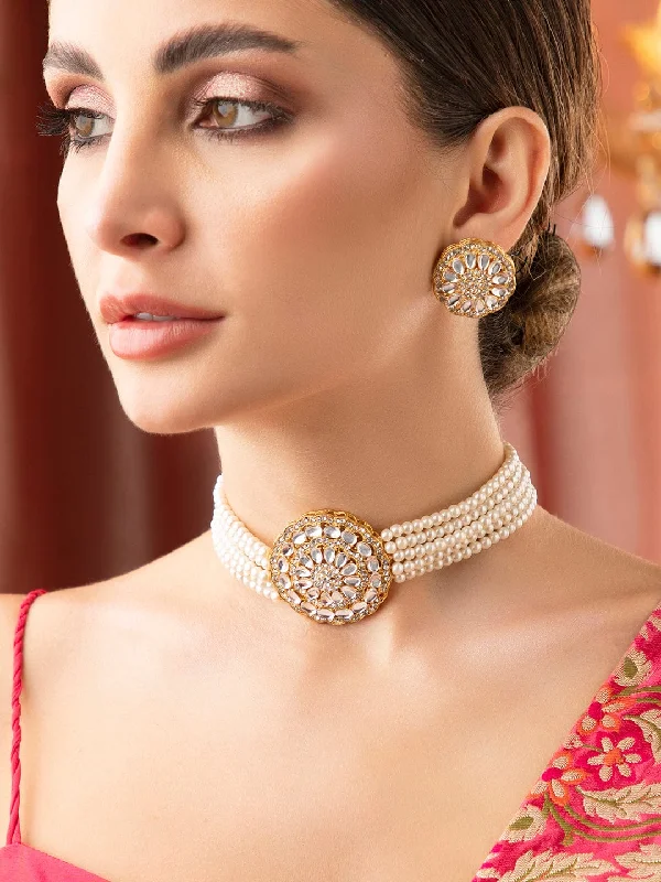 Flash Sale On Stunning Jewelry – Don't Miss Out Rubans Gold Plated Elegant Kundan Choker Set With White Beads.