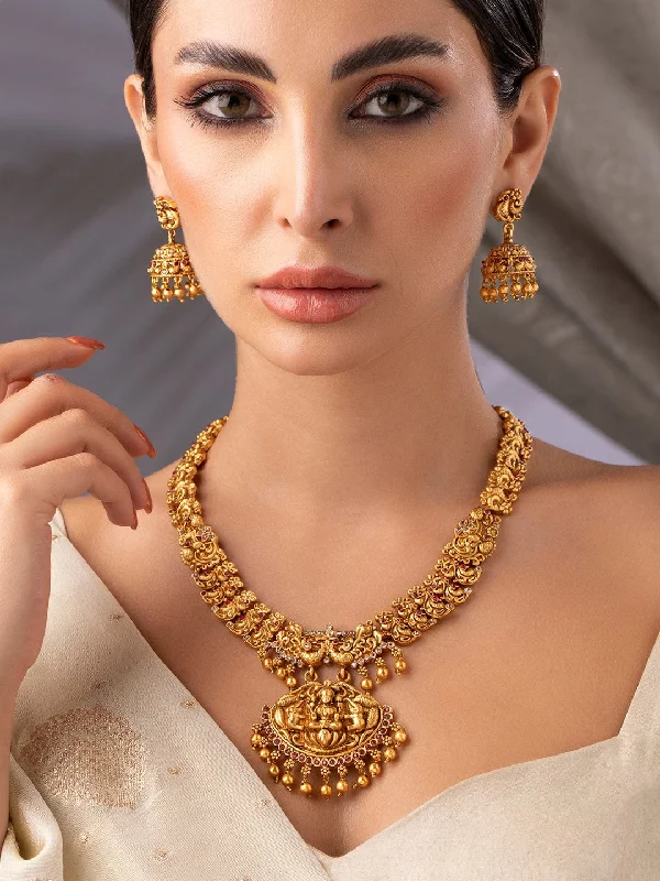 Exclusive Gemstone Jewelry Markdowns – Shop Now Rubans Gold Plated Godess Laxmi Pendant Necklace Set.