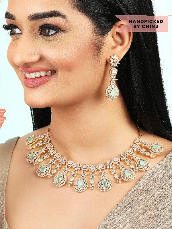 Sparkle In Style With Our Best Jewelry Deals Rubans Gold Plated Handcrafted Pink & Green AD Studded Necklace Set.