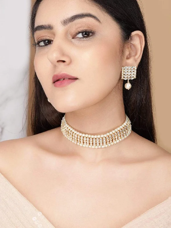 Timeless Elegance, Temporary Discounts – Act Fast Rubans Gold Plated Handcrafted White Pearl Choker Set