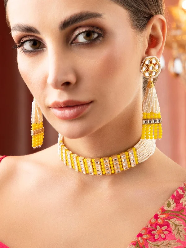 Premium Jewelry Now Available At Special Discounts Rubans Gold Plated Kundan Choker Set With White And Yellow Beads