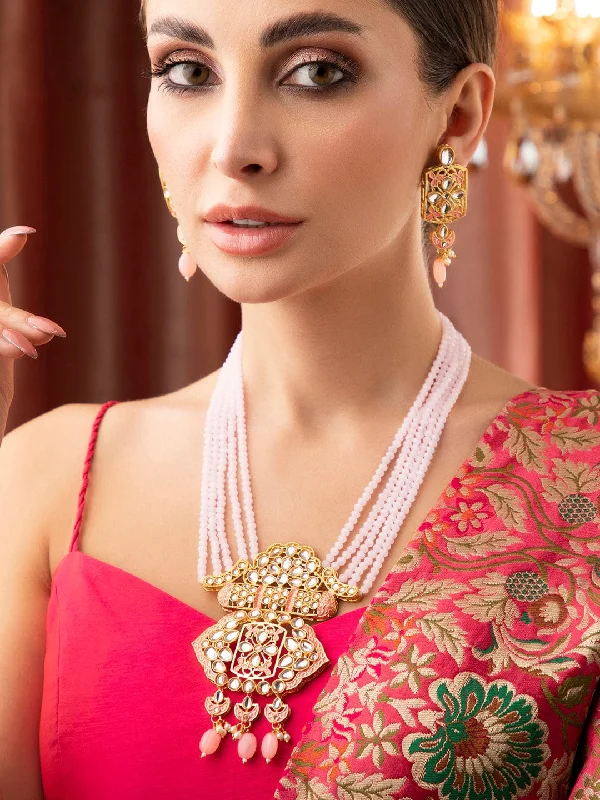 Elegant Jewelry At Unbeatable Offers – Shop Before It's Gone Rubans Gold Plated Kundan Studded Necklace With Pastel Pink Beads.